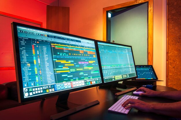 Cropped hands using computers on desk