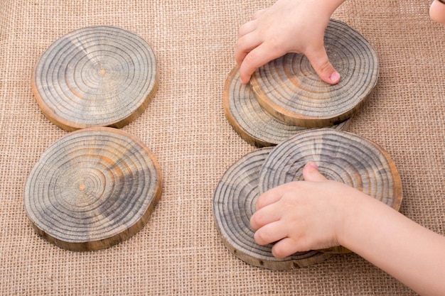 Photo cropped hands of woman holding tree rings over burlap
