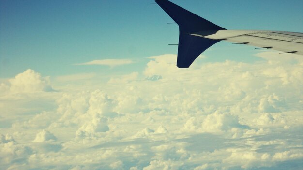 空に向かって飛行機の翼をカットした画像