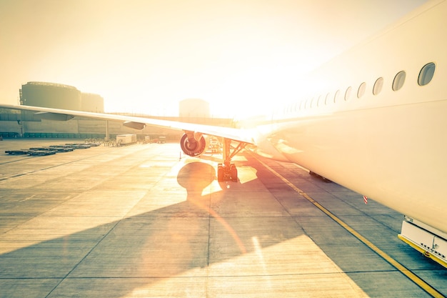 Photo cropped image of airplane at airport against sky during sunny day