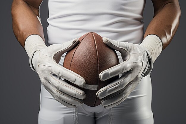 Photo cropped image of american football player holding an ovoid ball while standing against grey