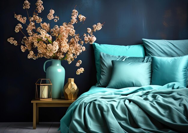 Cropped image of a bedroom with dark blue walls in a classic style with a bed and a nightstand