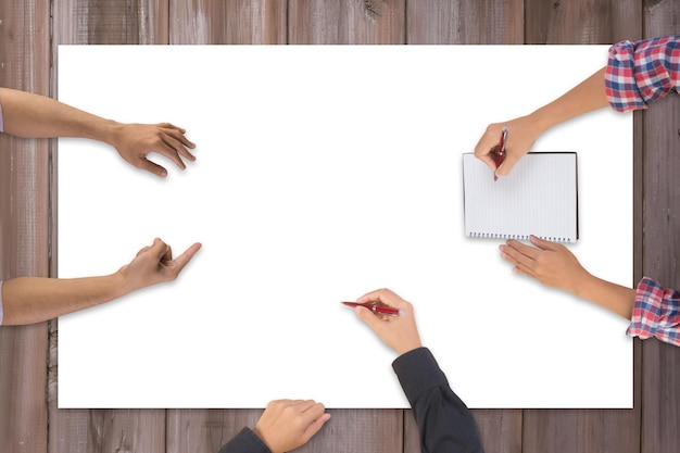 Photo cropped image of business colleagues having meeting on conference table in office