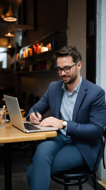 Photo cropped image of businessman sitting by the table in cafe with laptop computer and writing somethin