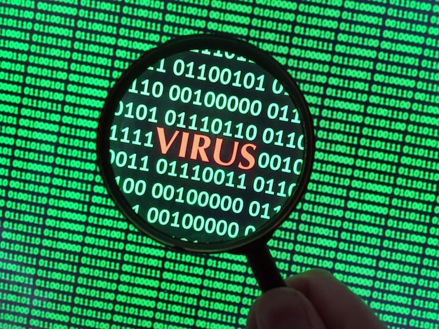 Cropped image of computer hacker holding magnifying glass while looking at virus text on screen