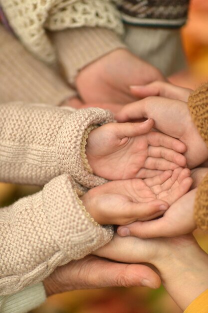 Cropped image family putting hands together