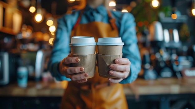 カフェで紙カップのコーヒーを握っている女性バリスタのカットされた画像