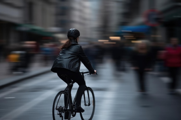 A cropped image of a female cyclist cycling down the street created with generative ai