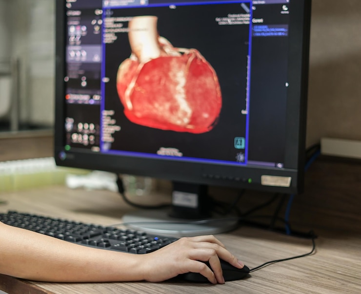 Photo オフィスでデスクトップpcを使用している女性医師のクロップされた画像