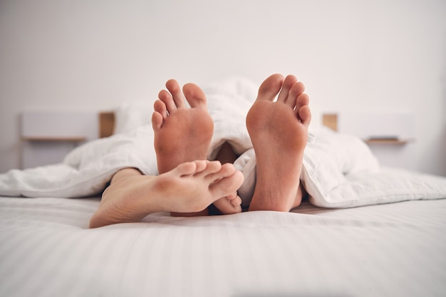 Cropped image of four human legs under white blanket in bedroom