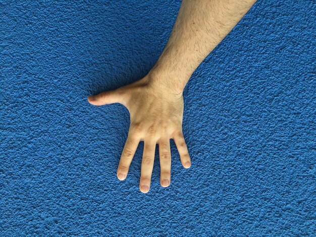 Foto immagine ritagliata di una mano sulla parete blu