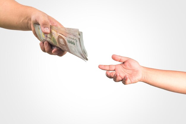 Cropped image of hand holding bird against white background