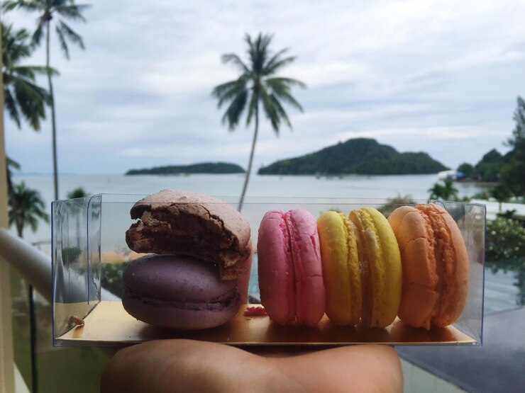 Photo cropped image of hand holding container with macaroons against sea
