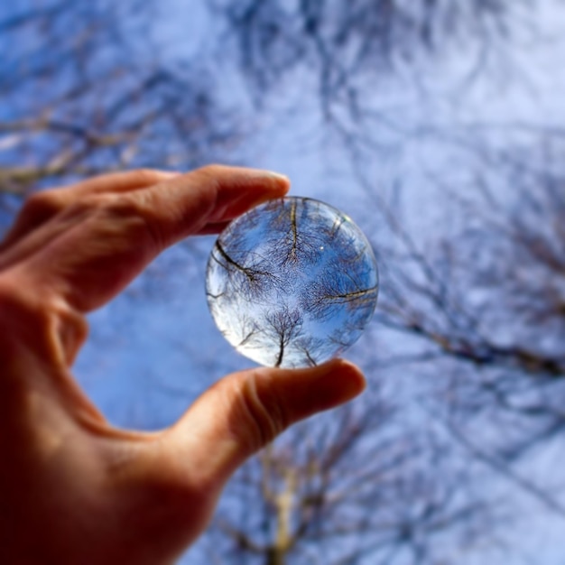 Immagine ritagliata di una sfera di vetro tenuta in mano con riflesso