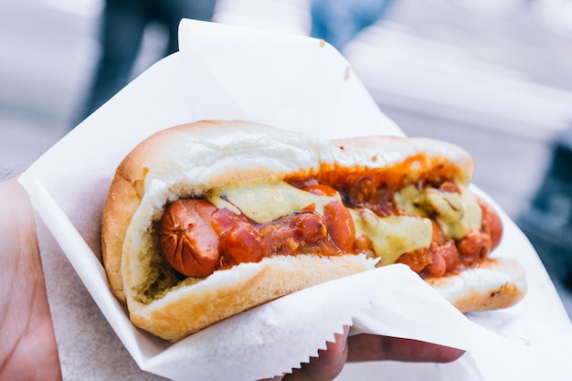 Foto immagine ritagliata di una mano che tiene un hot dog