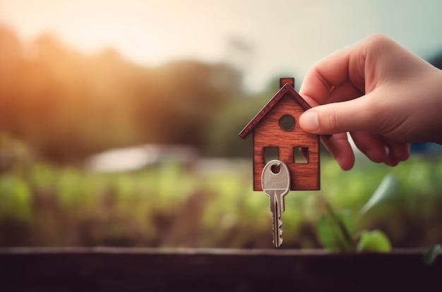 Cropped image of hand Real estate agent offering or giving house key with keyring or trinket Broker