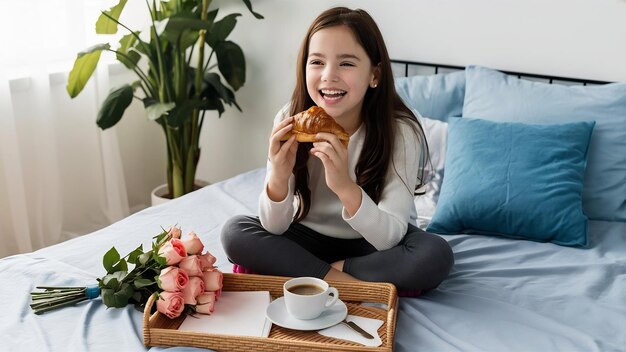 Cropped image of a happy brunette girl sitting in her bed with a bouquet of roses eating croissant