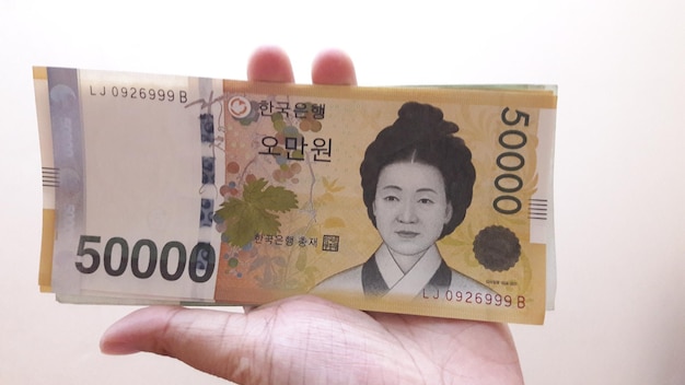 한국 50000원 지폐를 들고 있는 사람의 손의 절단된 이미지