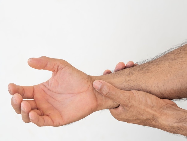 cropped image of man holding his hand against white background