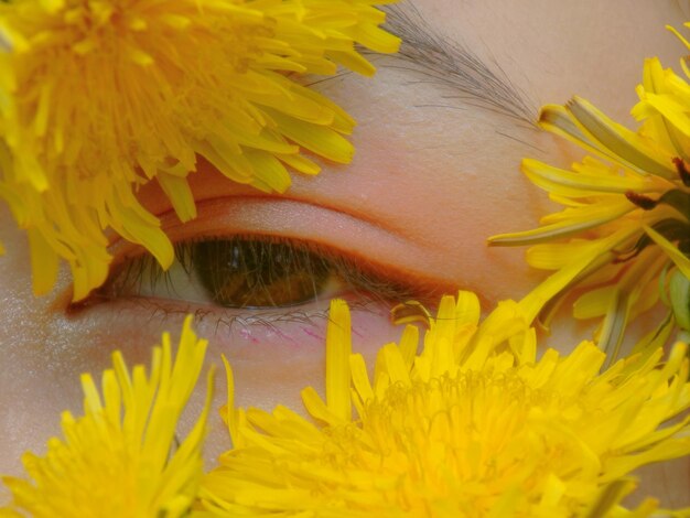 写真 黄色い花の女性のカットされた画像