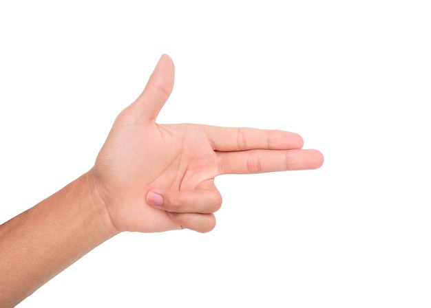 Photo cropped image of person making gun sign against white background