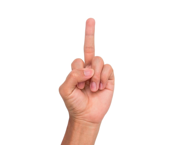 Cropped image of person showing middle finger against white background