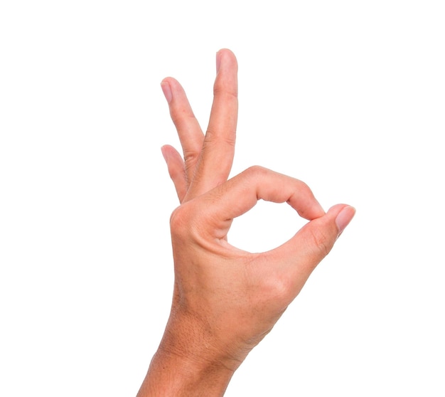 Cropped image of person showing ok sign against white background