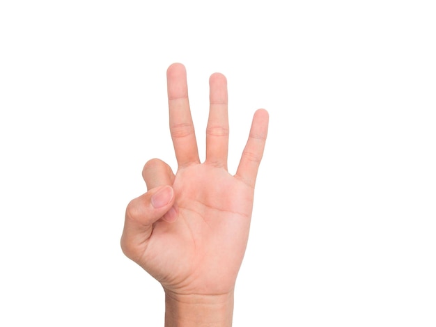 Photo cropped image of person showing three fingers against white background