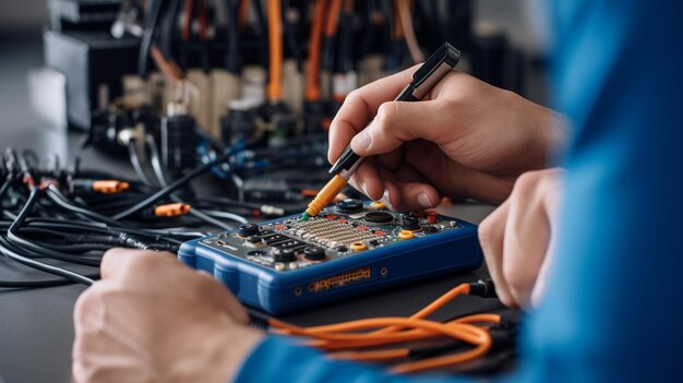 Foto riparatore di immagini ritagliate utilizzando il multimetro durante la riparazione della scheda madre del computer ai generato