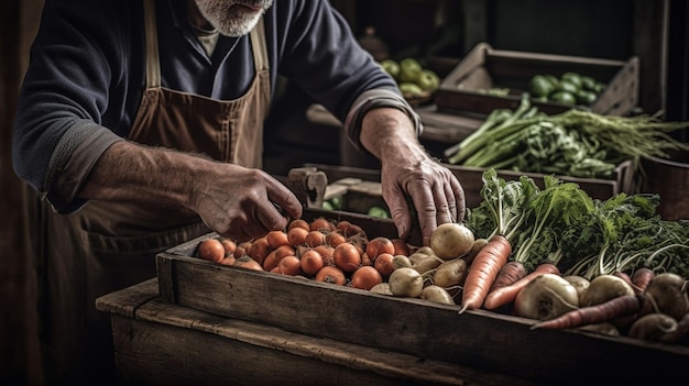 Обрезанное изображение пожилого мужчины, собирающего свежие овощи в деревянных ящиках на ферме ИИ