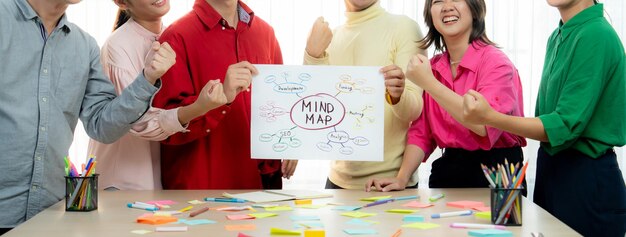 Photo a cropped image of successful businesspeople presents new product marketing strategy using a mind map young creative business team brainstorm marketing idea together at modern office variegated