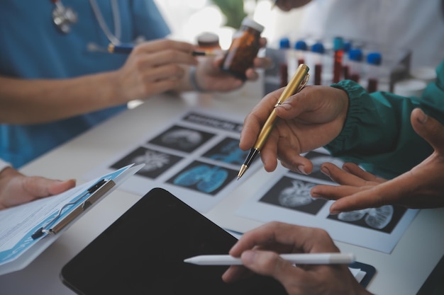 Cropped image of successful medical doctors discussing diagnosis during the conference