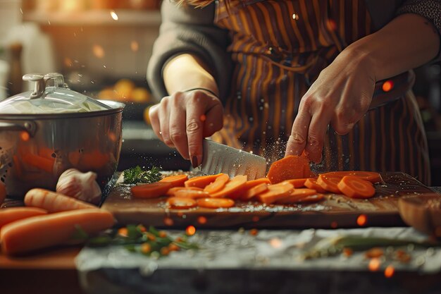 a cropped image with a copy space a woman peeling a carrot with a knife cooking in the kitchen