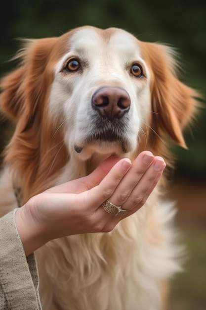 生成 AI で作成された、犬を撫でるように頼む女性のトリミングされた画像