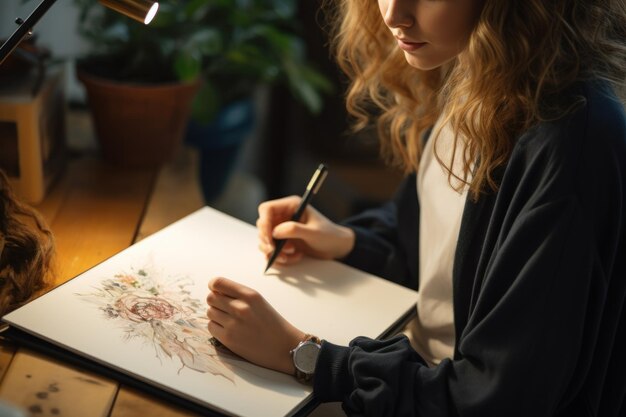 Photo cropped image of woman drawing in her sketchbook