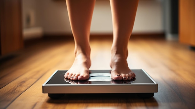 Foto immagine ritagliata di piedi di donne in piedi su una bilancia