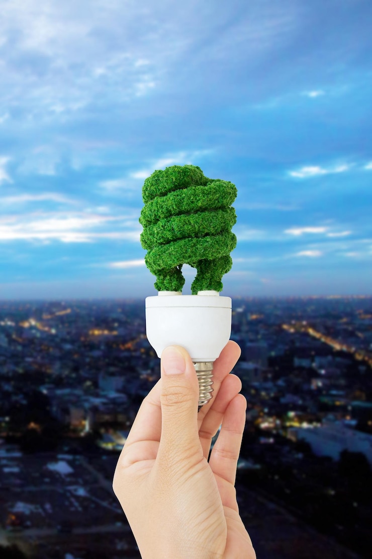 Photo cropped image of woman holding light bulb against city
