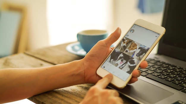 cropped image of woman using mobile phone with laptop at table