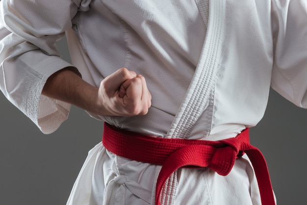 Cropped image of young sportsman dressed in kimono practice in karate isolated over grey background.