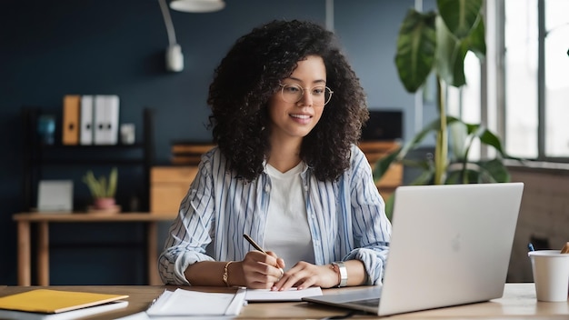 Cropped image of young woman work in office