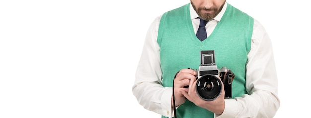 Cropped man hold retro photo camera isolated on white background copy space photoshoot