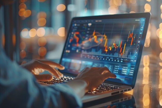 Cropped photo of businessman analyzing business Computer screen with infographics