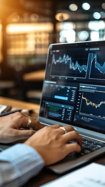 Foto foto ritagliata di un uomo d'affari che esamina diagrammi aziendali, statistiche di marketing e mercato finanziario