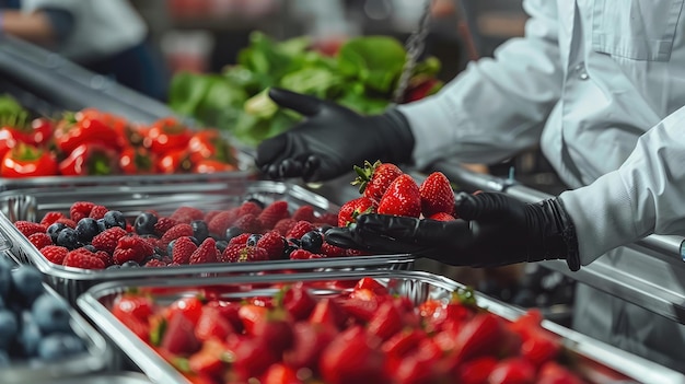 Foto foto ritagliata di un dipendente che effettua il controllo della qualità dei prodotti freschi nel sito di produzione