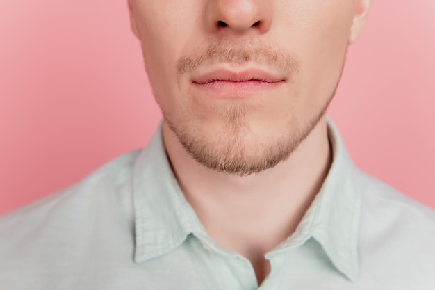 Cropped photo of guy face showing new beard hairstyle wear casual shirt isolated on pink color background