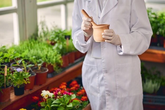 Cropped photo of a woman biologist holding a wooden mortar and pestle in her hands