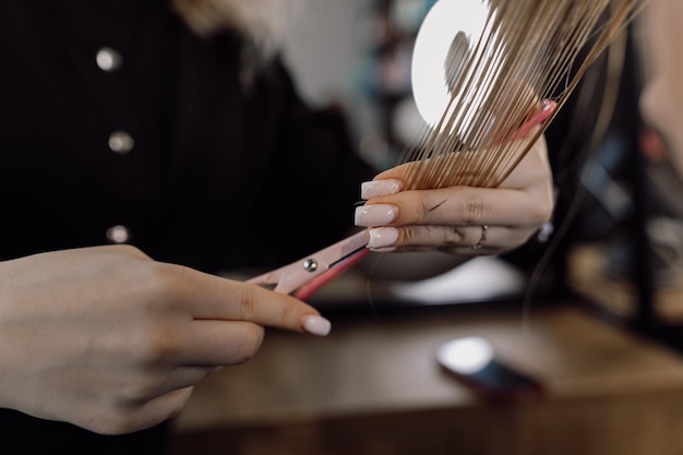 Cropped photo of woman hairdresser making hairstyle cutting ends of long dark hair holding scissors