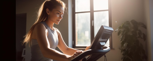 Photo cropped picture of a young caucasian blonde woman during a workout on a home exercise bike