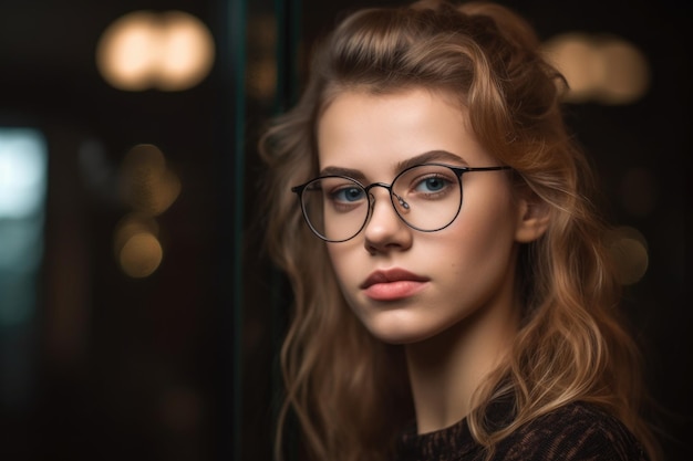 Cropped portrait of an attractive young woman wearing glasses created with generative ai