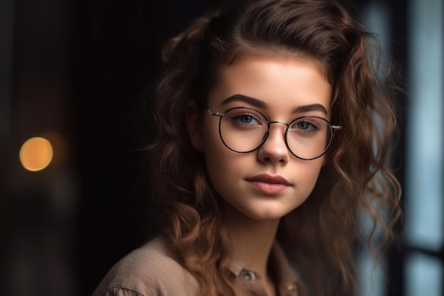 Cropped portrait of an attractive young woman wearing glasses created with generative ai